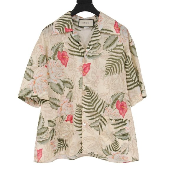 Gucci Mens Dual Pocket Bowling Shirt 50 Medium Floral Hawaiian Print Button Down - Picture 1 of 8